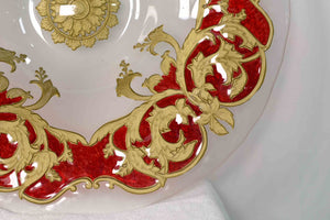 Mid-Century Opaque Glass Charger Dish Red Gold Wreath