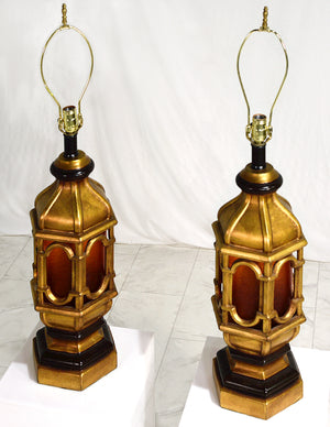 Contemporary Moroccan Style Gilt Lanterns with Faux Glass in Amber - A Pair