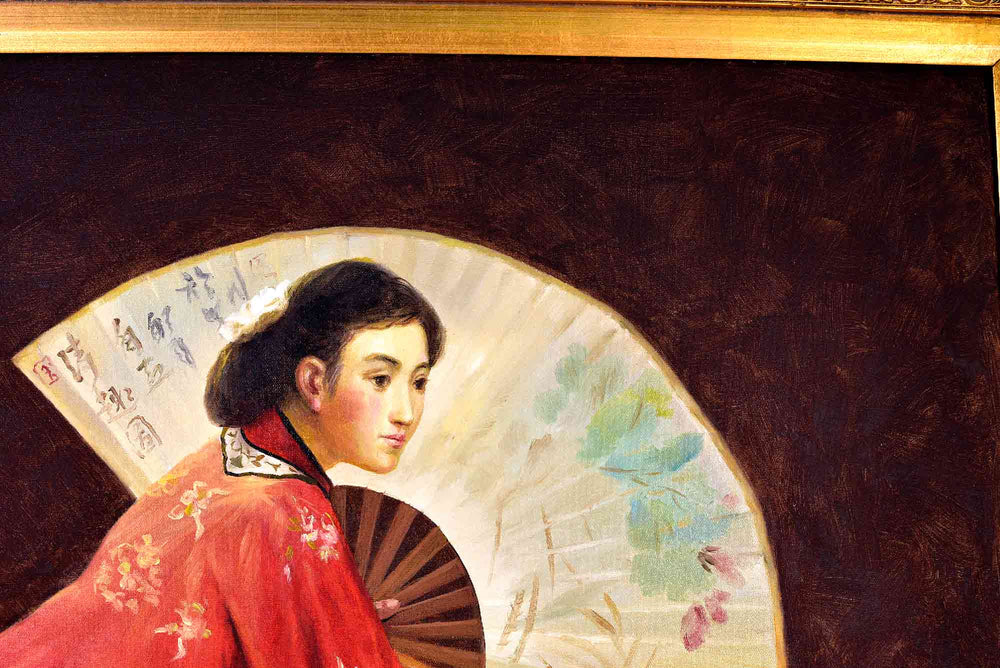 Vintage Chinese Maiden with Fan Painting - Oil on Canvas 33in. x 29in.