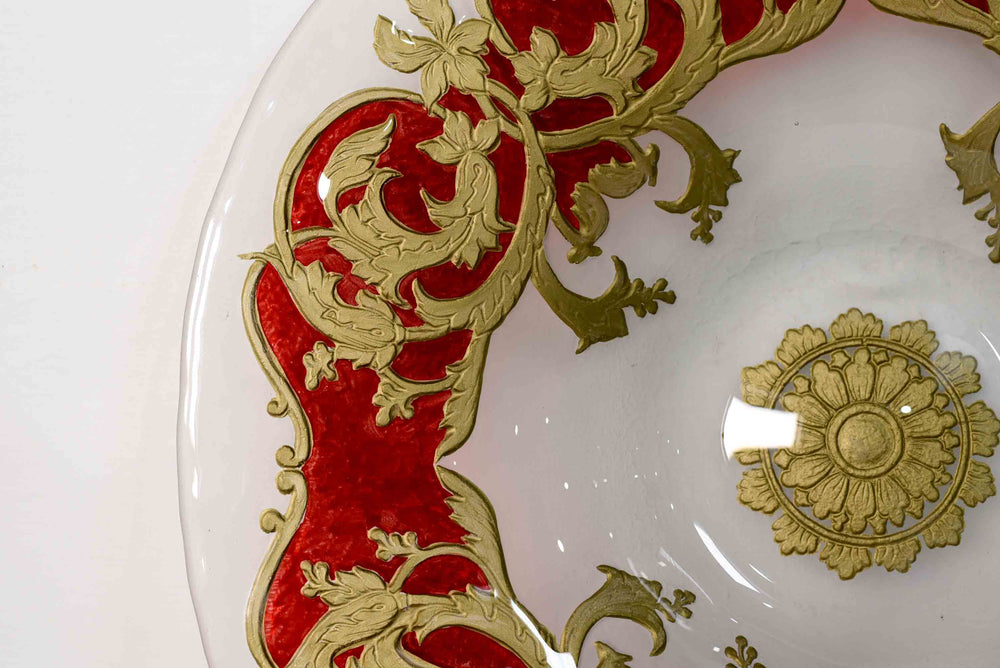 Mid-Century Opaque Glass Charger Dish Red Gold Wreath