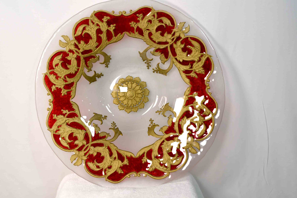 Mid-Century Opaque Glass Charger Dish Red Gold Wreath