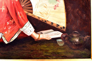 Vintage Chinese Maiden with Fan Painting - Oil on Canvas 33in. x 29in.