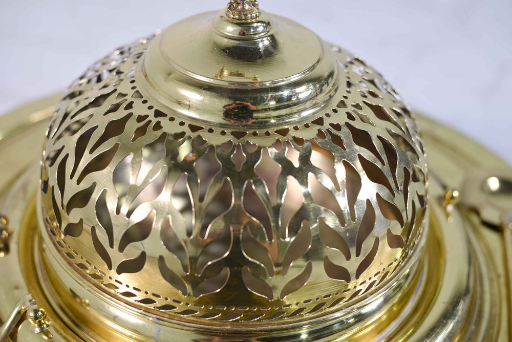 Vintage Moorish Footed & Pierced Brass Buffet Serving Dish with Spoon