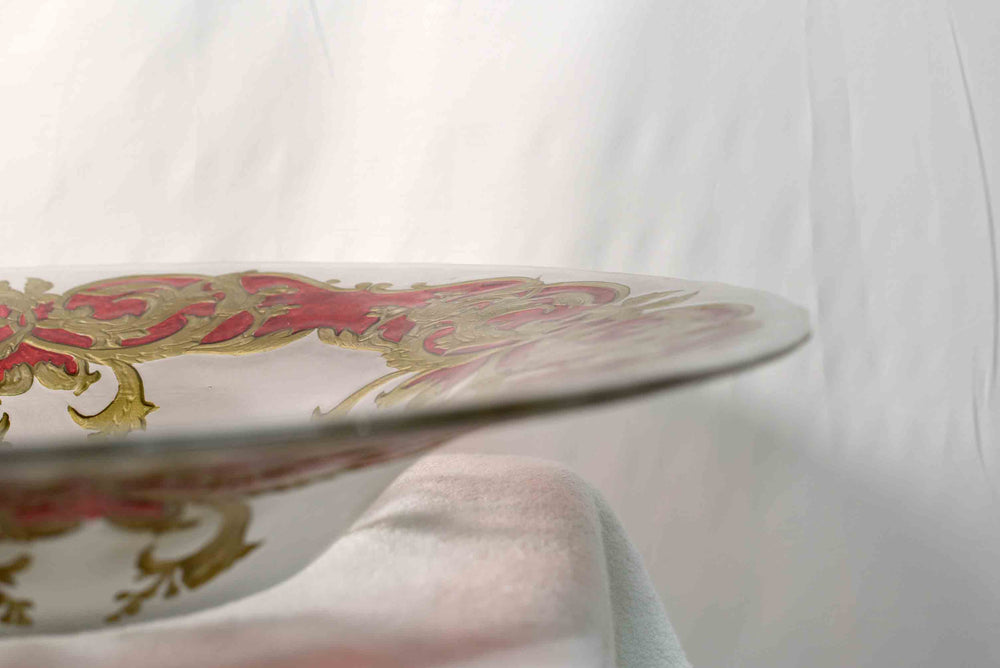 Mid-Century Opaque Glass Charger Dish Red Gold Wreath