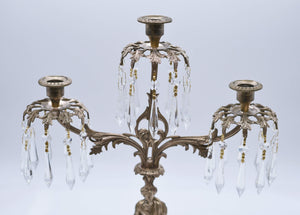18th Century Cast Brass Three Candle Crystal Girandole on Marble