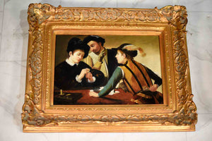 Caravaggio "The Cardsharps" Painting Reproduction with Gold Ornate Frame