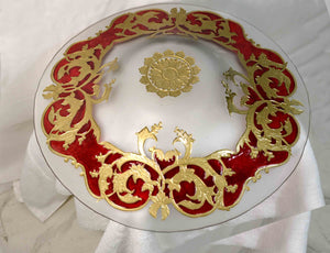 Mid-Century Opaque Glass Charger Dish Red Gold Wreath