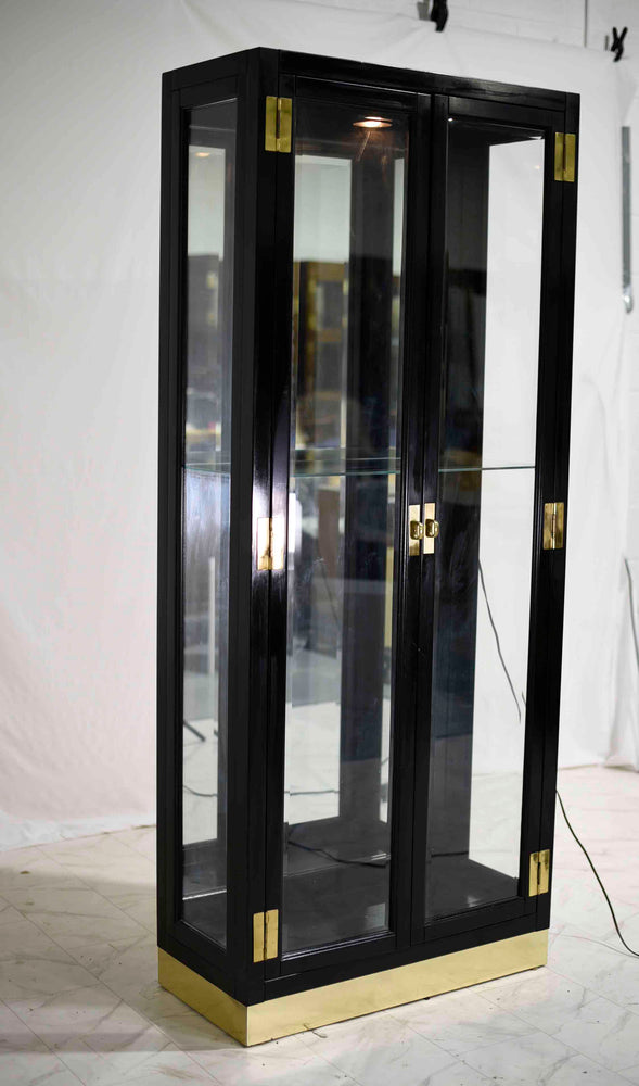 1985 American of Martinsville Black Lacquer Campaign Style Curio Display Cabinet