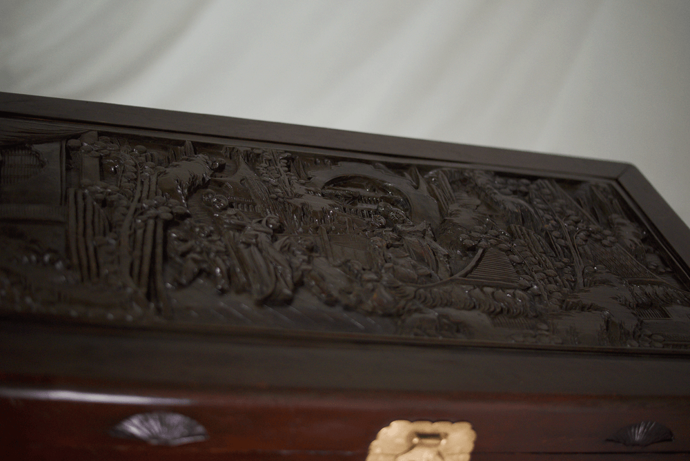 Early 20th Century Chinoiserie Carved Camphor Wood Batchelor's Chest