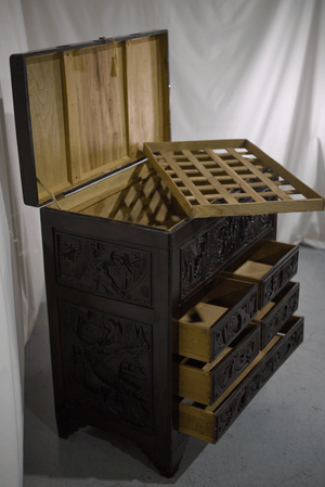Early 20th Century Chinoiserie Carved Camphor Wood Bachelor's Chest