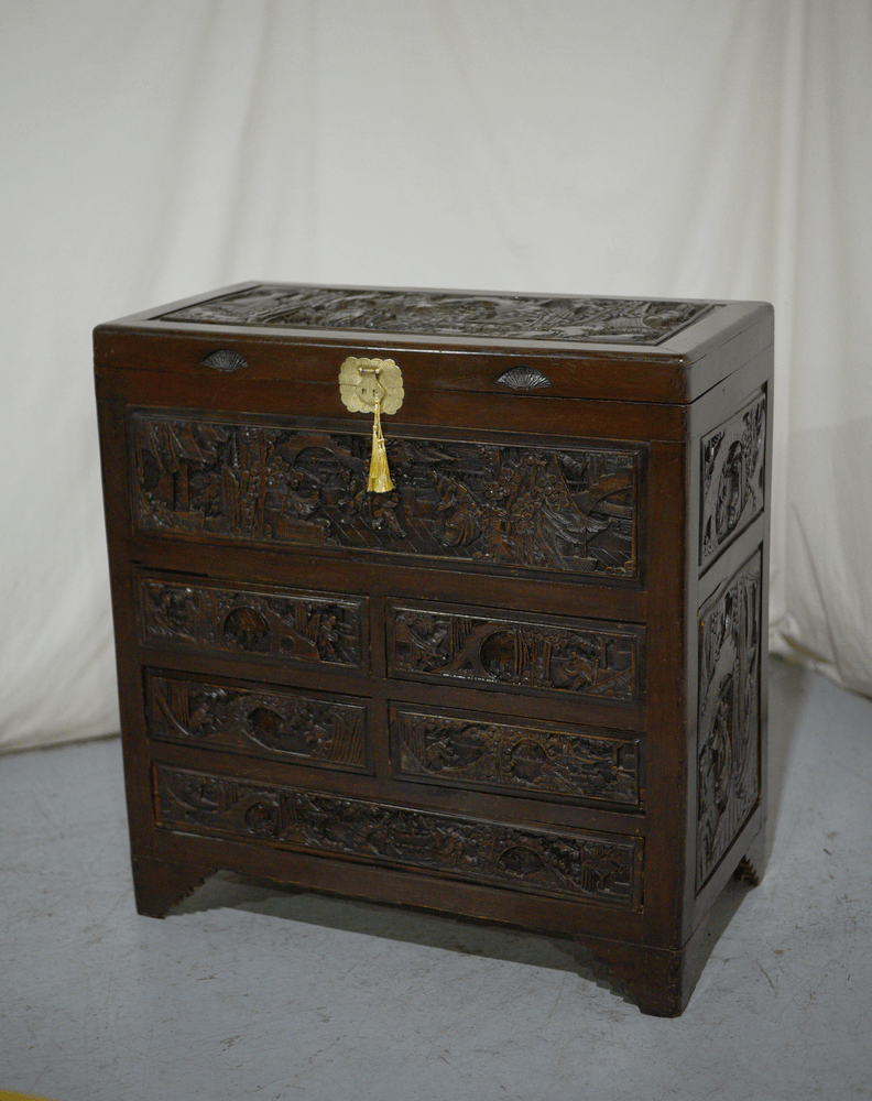 Early 20th Century Chinoiserie Carved Camphor Wood Batchelor's Chest