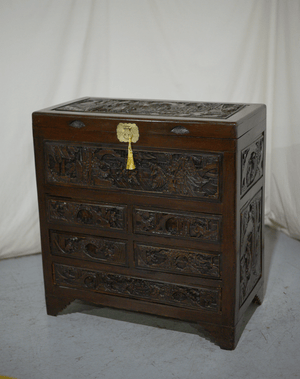 Early 20th Century Chinoiserie Carved Camphor Wood Batchelor's Chest