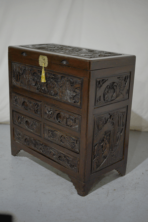 Early 20th Century Chinoiserie Carved Camphor Wood Batchelor's Chest
