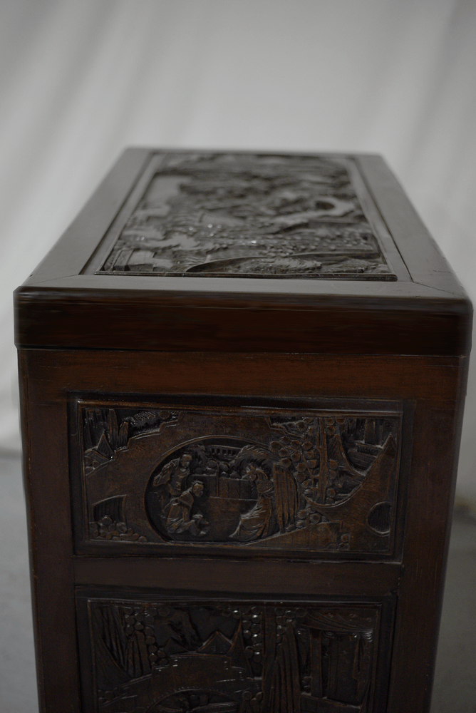 Early 20th Century Chinoiserie Carved Camphor Wood Batchelor's Chest