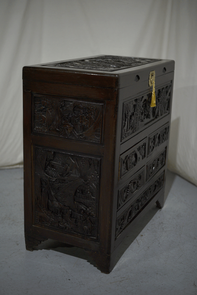 Early 20th Century Chinoiserie Carved Camphor Wood Batchelor's Chest