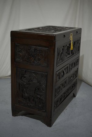 Early 20th Century Chinoiserie Carved Camphor Wood Batchelor's Chest