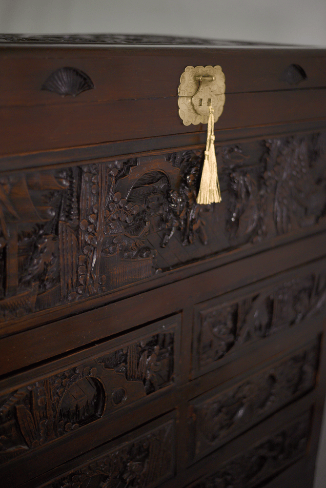 Early 20th Century Chinoiserie Carved Camphor Wood Batchelor's Chest