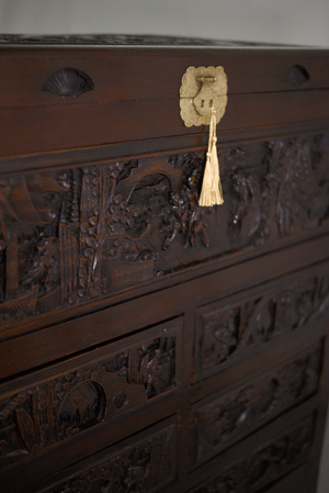 Early 20th Century Chinoiserie Carved Camphor Wood Batchelor's Chest