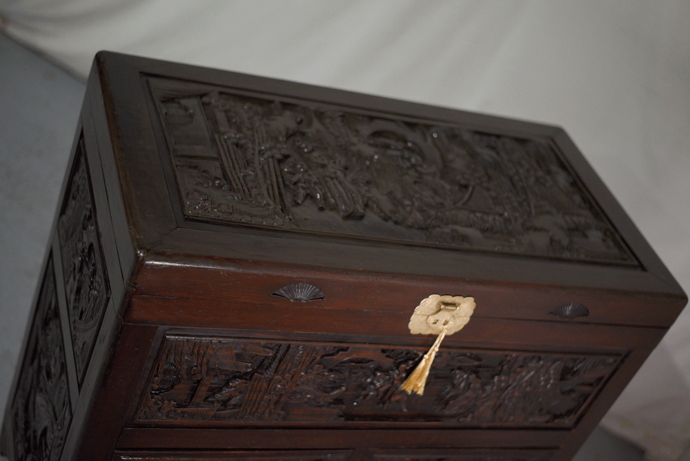Early 20th Century Chinoiserie Carved Camphor Wood Batchelor's Chest