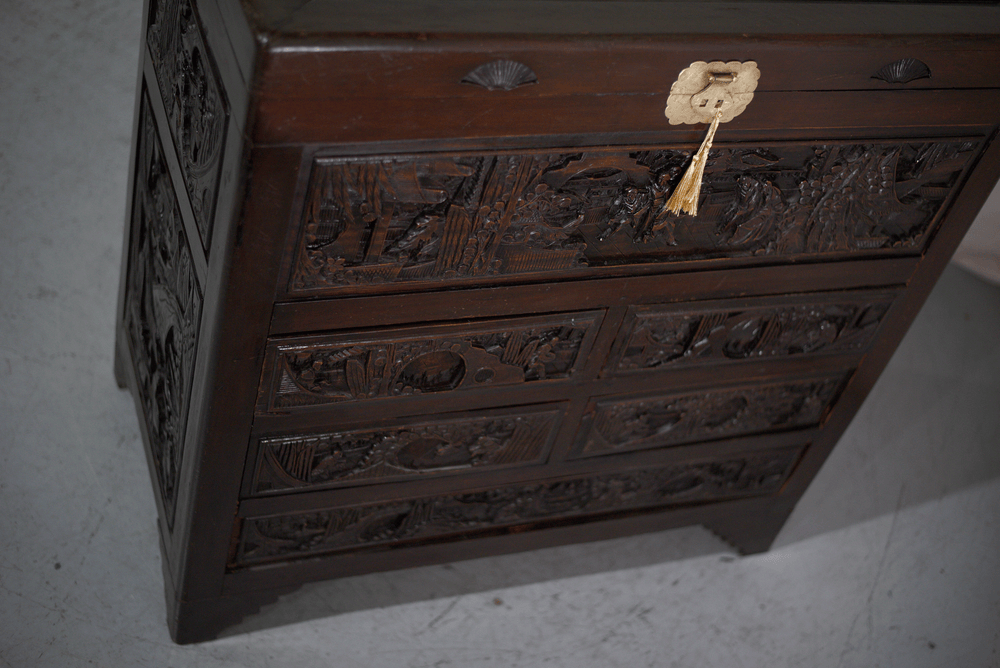 Early 20th Century Chinoiserie Carved Camphor Wood Batchelor's Chest