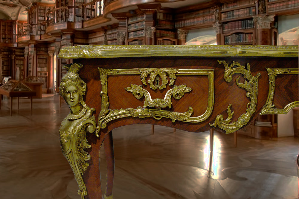 French Louis XV Antique Bureau Plat Library Office Desk, Sculpture