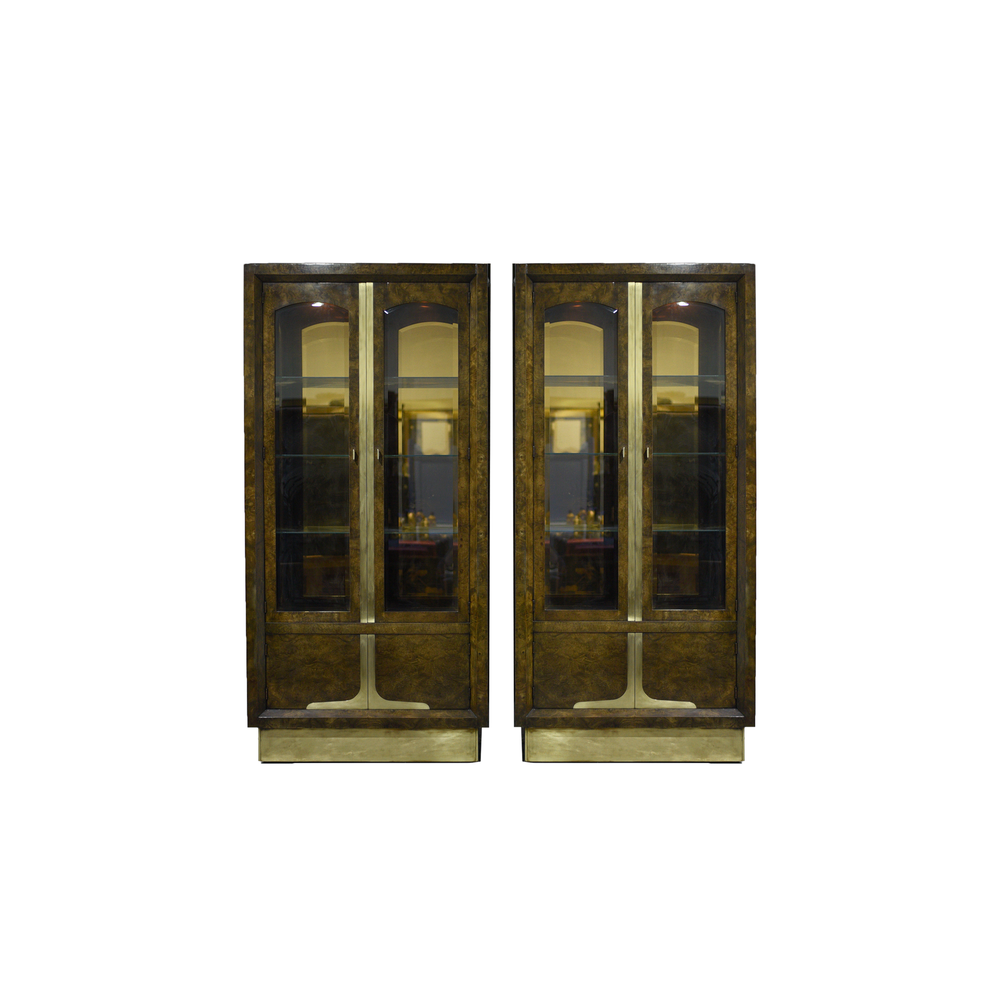 Mid-Century Amboyna Wood and Brass Lighted Curio Display by William Doezema for Mastercraft - A Pair