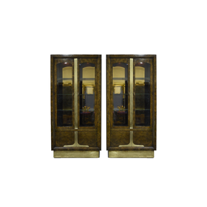 Mid-Century Amboyna Wood and Brass Lighted Curio Display by William Doezema for Mastercraft - A Pair