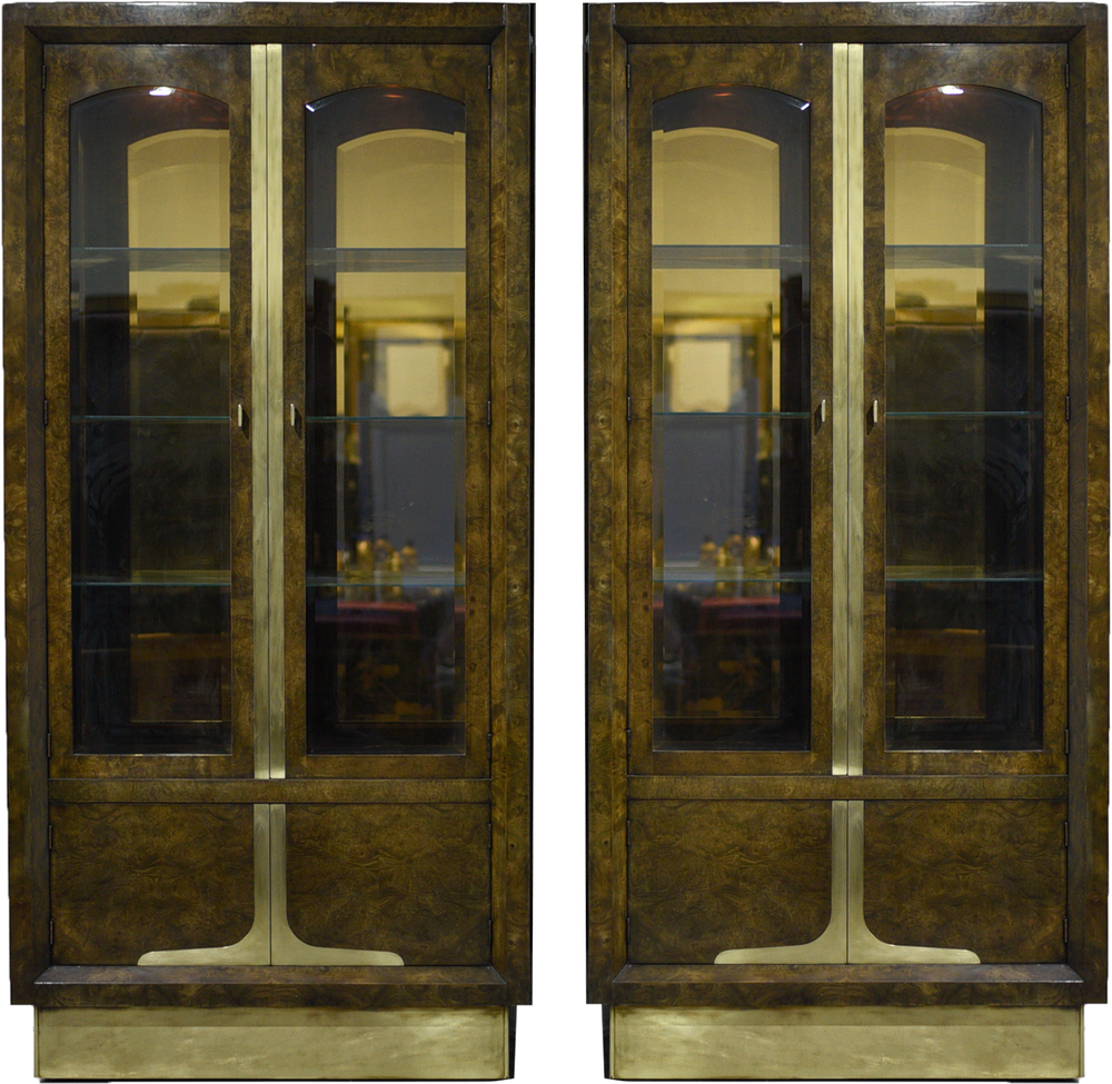 Mid-Century Amboyna Wood and Brass Lighted Curio Display by William Doezema for Mastercraft - A Pair