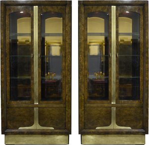 Mid-Century Amboyna Wood and Brass Lighted Curio Display by William Doezema for Mastercraft - A Pair