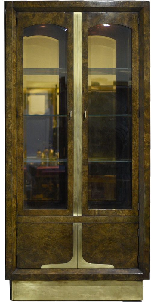 Mid-Century Amboyna Wood and Brass Lighted Curio Display by William Doezema for Mastercraft - A Single Unit