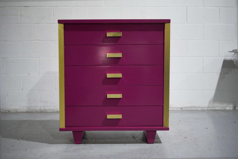 Mid Century Art Deco Style Chests in Framboise and Gold Newly Painted-A Pair