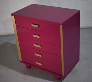 Mid Century Art Deco Style Chests in Framboise and Gold Newly Painted-A Pair