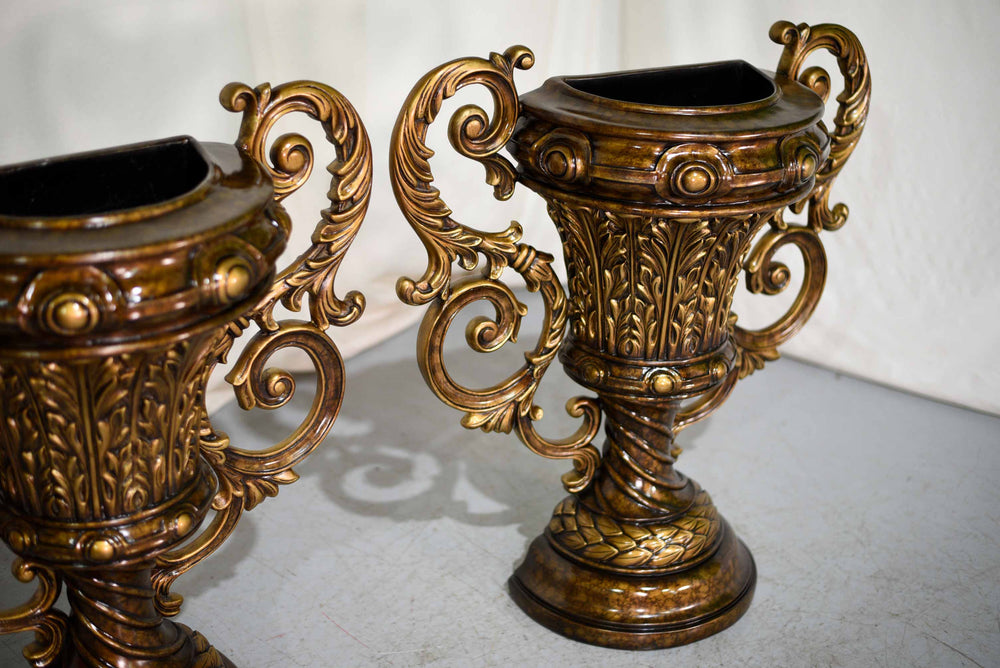 Vintage Contemporary Classical Urn Amphora Decorative Bronze Effect Planters - A Pair