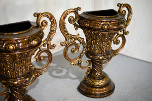 Vintage Contemporary Classical Urn Amphora Decorative Bronze Effect Planters - A Pair
