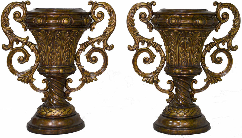Vintage Contemporary Classical Urn Amphora Decorative Bronze Effect Planters - A Pair