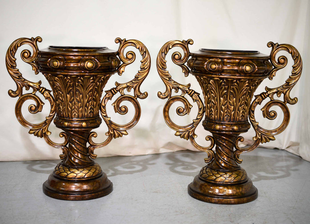 Vintage Contemporary Classical Urn Amphora Decorative Bronze Effect Planters - A Pair