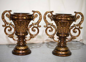 Vintage Contemporary Classical Urn Amphora Decorative Bronze Effect Planters - A Pair