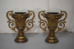 Vintage Contemporary Classical Urn Amphora Decorative Bronze Effect Planters - A Pair