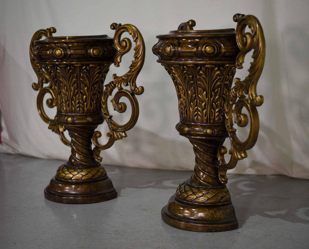 Vintage Contemporary Classical Urn Amphora Decorative Bronze Effect Planters - A Pair