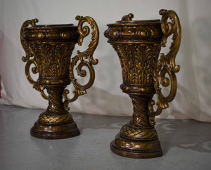 Vintage Contemporary Classical Urn Amphora Decorative Bronze Effect Planters - A Pair
