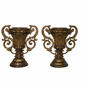 Vintage Contemporary Classical Urn Amphora Decorative Bronze Effect Planters - A Pair