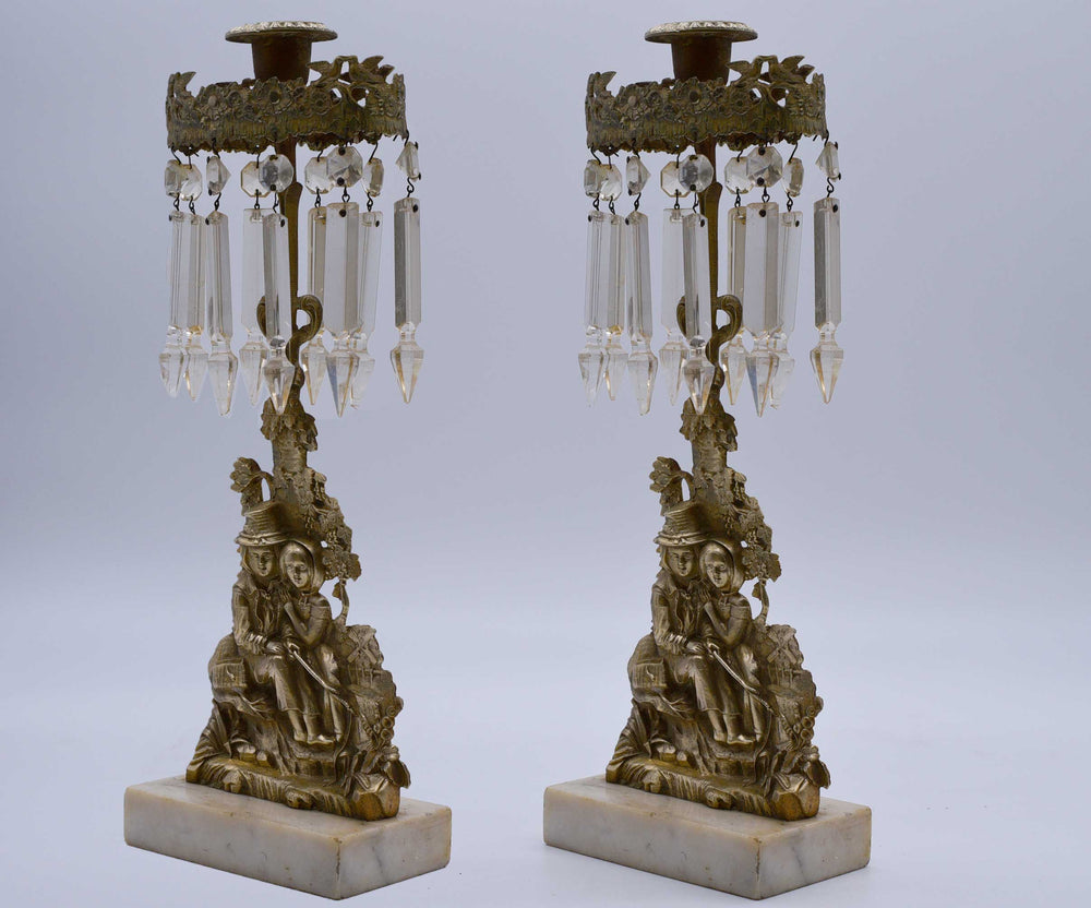 Vintage Marble Bronze 2 Piece Girandole Set Crystal Prisms Candleholders - a Pair