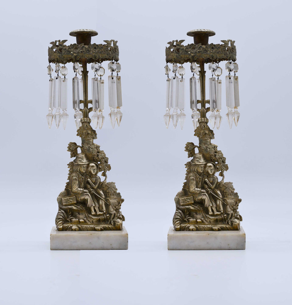 Vintage Marble Bronze 2 Piece Girandole Set Crystal Prisms Candleholders - a Pair