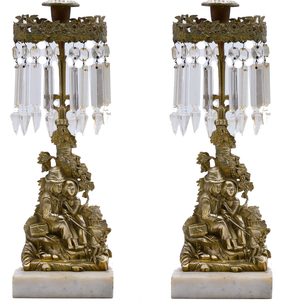 Set 2 Vintage Antique Ornate Brass Tone Metal Victorian Candle Holders w/  Prisms