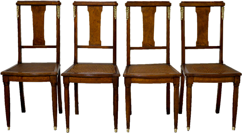 Vintage Bronze Mounted Burlwood with Cane Seat Dining Chairs - Set of 4