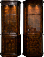 Vintage Burled Wood Lighted Glass Curio Display Cabinets - A Pair