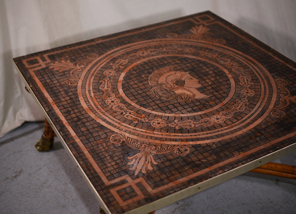 Vintage Centurian Mosaic Tiled Rattan Coffee Table with Brass Lion Paw