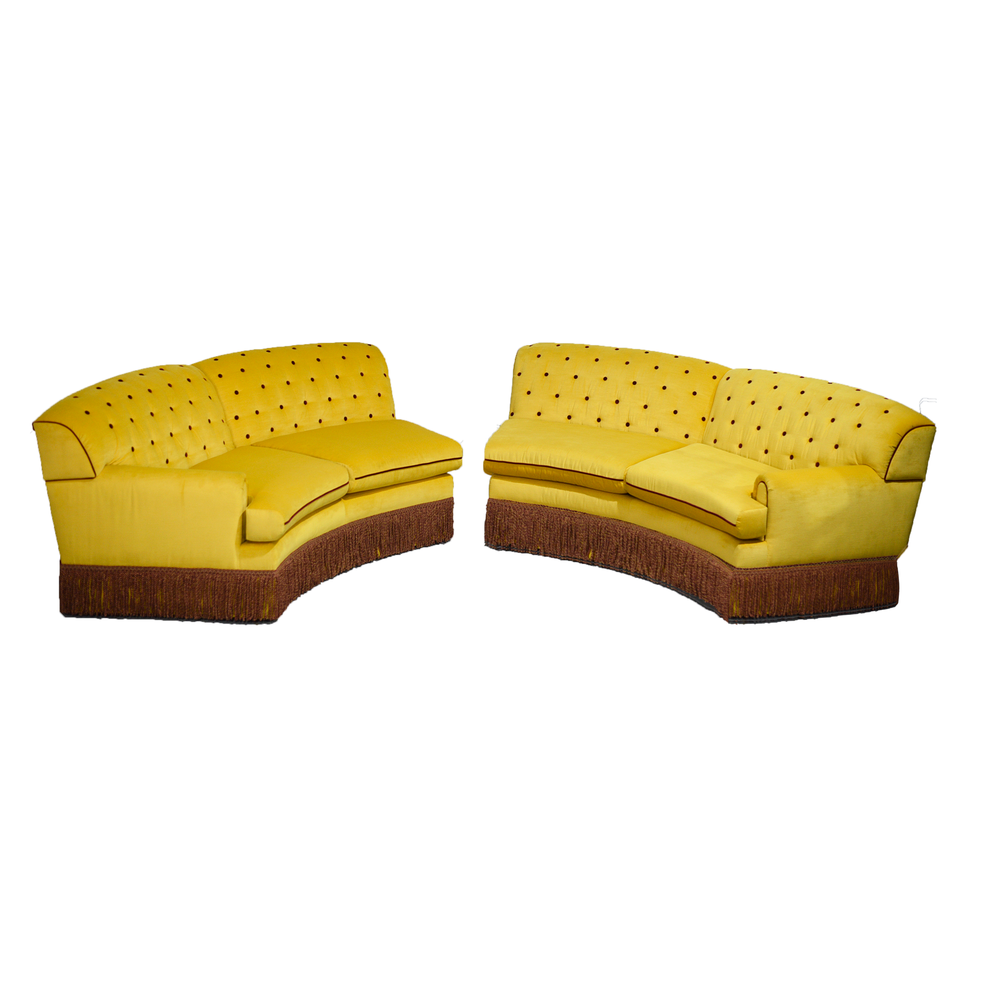 Vintage Hollywood Glam Semi-Circle Yellow Red Velour Curved Sofa Set - 2 Pieces