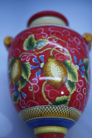 Vintage Italian Style Ceramic Lidded Urn with Painted Pears