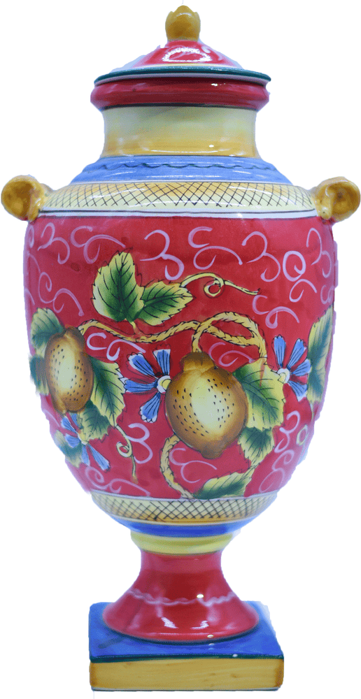 Vintage Italian Style Ceramic Lidded Urn with Painted Pears